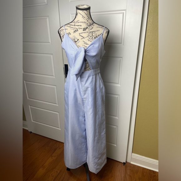 English Factory Cut-Out Bow Front Powder Blue Striped Jumpsuit - Picture 5 of 11